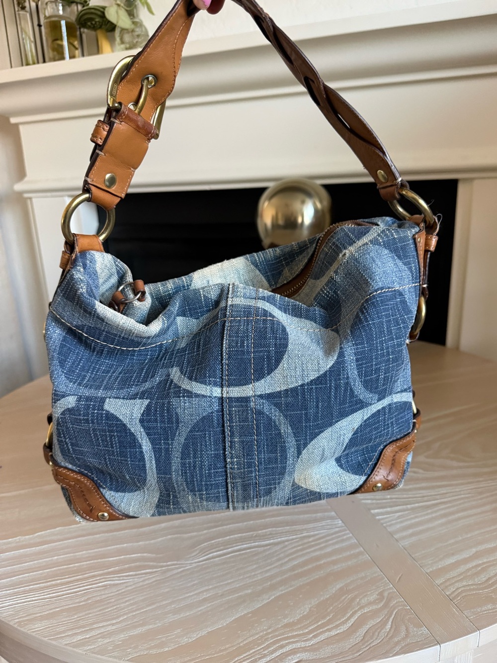 Vintage COACH|Rare y2k 2000’s Carly Denim Shoulder Medium Bag,brown leather trim